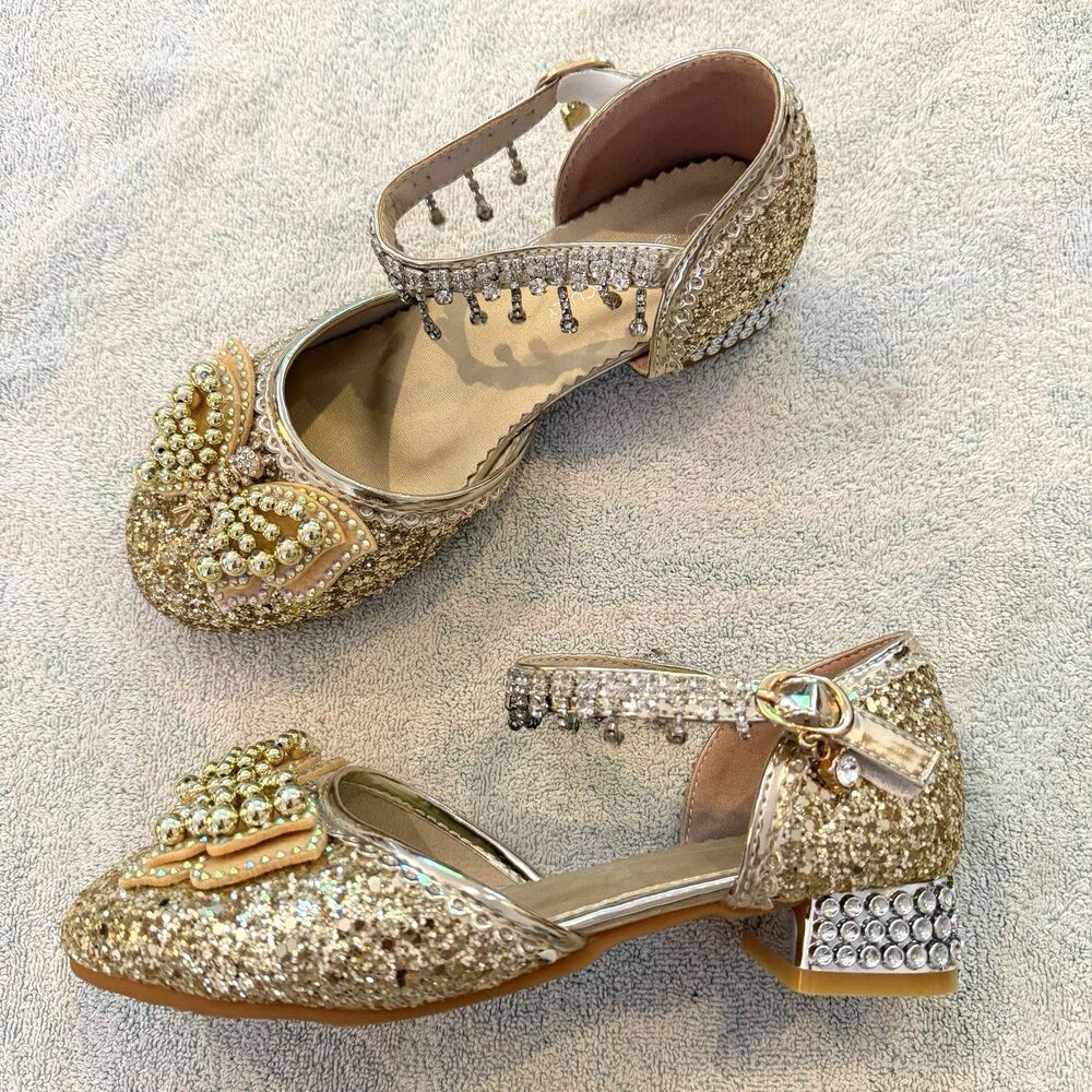 Trish Scully Gold Girls Shoes 4 Heels Butterfly Rhinestone Bling Formal Dance 36